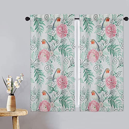 Caromio Cafe Curtains For Windows Linen Blend, Bird Flower Prined Short Kitchen Tier Curtains Window Treatment, Small Curtain Panels For Living Room, Bedroom, Green, 26" W X 45" L, Set Of 2 #TOP27