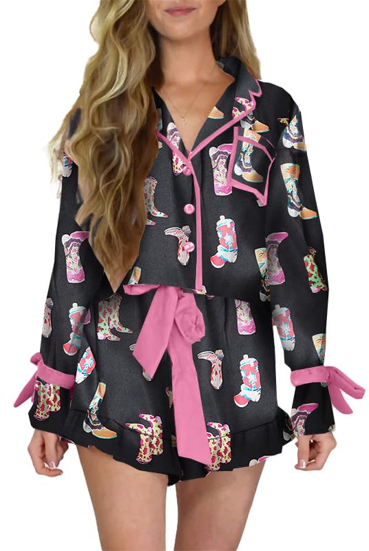 Image of Valentines Heart Bow Pajamas for Women Silk Satin Ruffle Shorts Pjs Tie Front Long Sleeve Shirts Pajamas with Bows