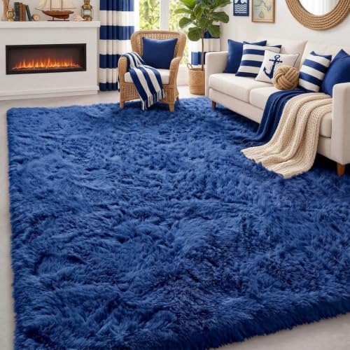 Navy Blue Rug 5x8 Ft, Fluffy Rugs for Living Room, Large Kids Room Carpets