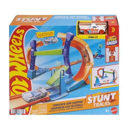 Hot Wheels Coffret Piste Looping et Saut Piste Multi Crash avec une voiture à l’échelle 1/64, pistes et adaptateurs Speed Snap, se replie pour le ranger,...