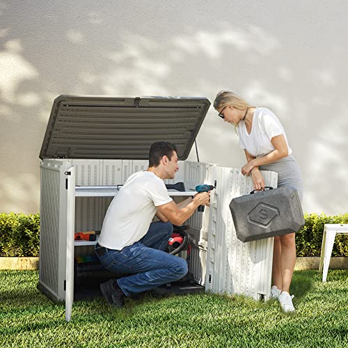 Horizontal Outdoor Garden Storage Shed For Backyards And Patios,Waterproof Storage Box,26 Cubic Feet Capacity For Garbage Cans, Lawnmower,Tools And Garden Accessories,Light Beige (White) #TOP5