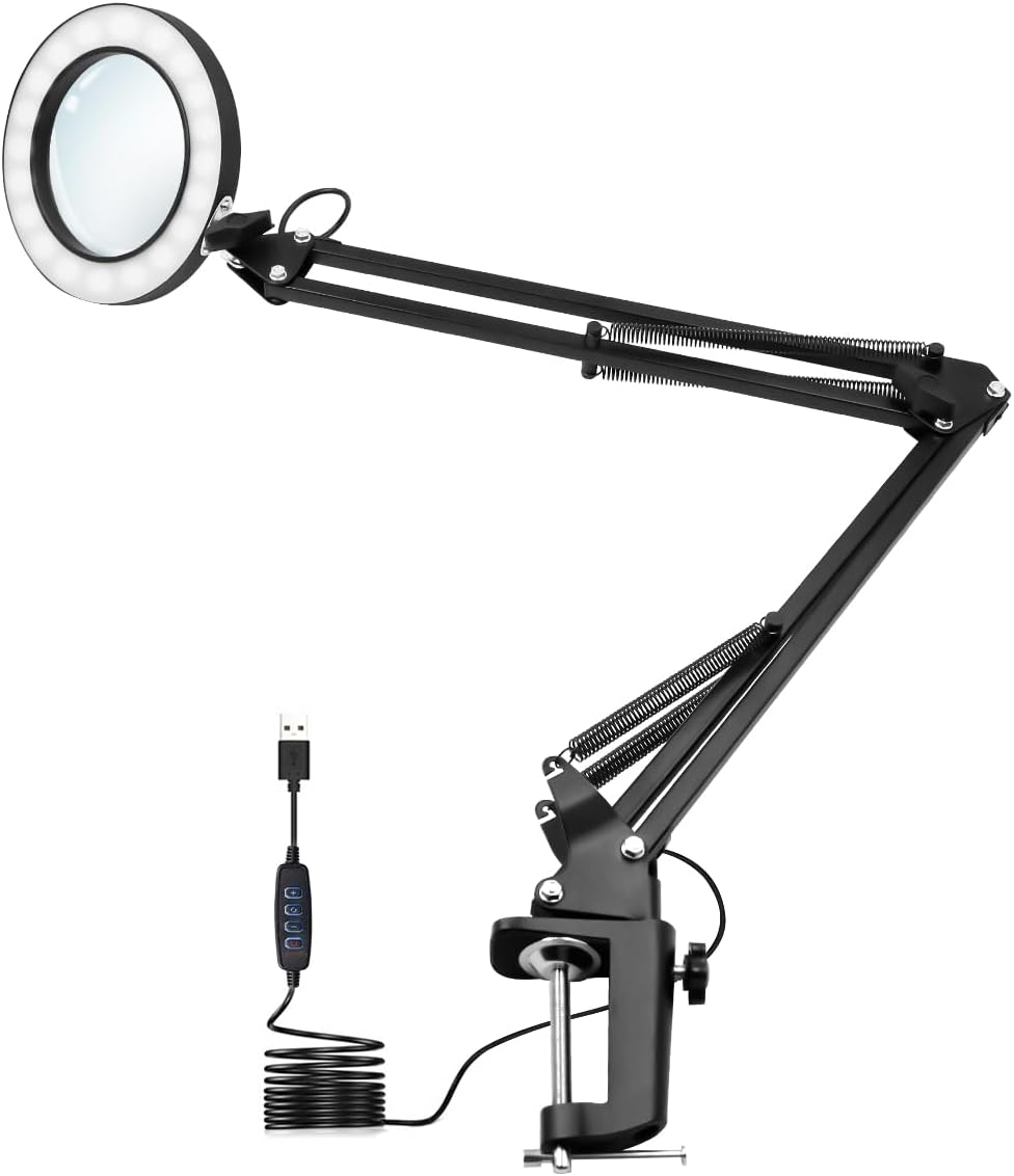 LED Magnifying Lamp,Adjustable 10X Magnifier Desk Lamp with 3 Colors 4.13" Diameter Glass USB Magnifying Lamp with Adjustable Swivel Arm (Black)