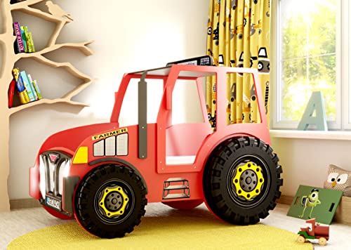 Generisch Kinderbett Kinderzimmerbett Bett Traktor rot mit Lattenrost und Matratze 90x180 cm, 10 cm hoch