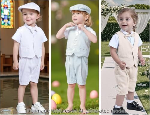 Image of A&J DESIGN 4pcs Baby Boys Suit, Gentleman Outfits 3 Months - 18 Months, Romper & Vest & Berets Hat & Bow Tie