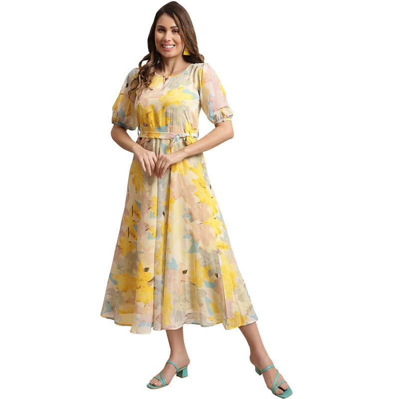 Preneum Women Fit & Flare Latest Style Print Georgette Regular Sleeves Casual Summer Maxi Dress | Festival & Occasion, Light Yellow, 2Xl