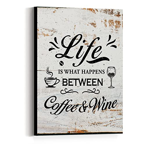 JANLAN Retro Style Life is What Happens Between Coffees and Wine Canvas Prints Wall Art,Coffee Bar Wall Decor Accessories,Coffee Lovers Gift for Women and Men