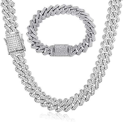 Emesly Solid Miami Cuban Link Chain Gold/Silver Necklace (16, 18, 20, 22, 24, 30 Inches Length); Hip Hop Bracelet (7.87" Length) for Men & Women; Perfect Iced Out Bling Jewelry Gift (Silver B (Necklace + Bracelet), 16)