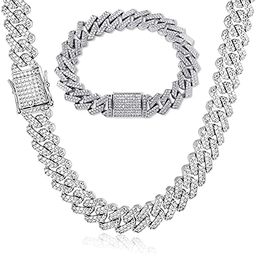 Emesly Solid Miami Cuban Link Chain Gold/Silver Necklace (16, 18, 20, 22, 24, 30 Inches Length); Hip Hop Bracelet (7.87" Length) For Men & Women; Perfect Iced Out Bling Jewelry Gift (Silver B (Necklace + Bracelet), 16) #TOP2