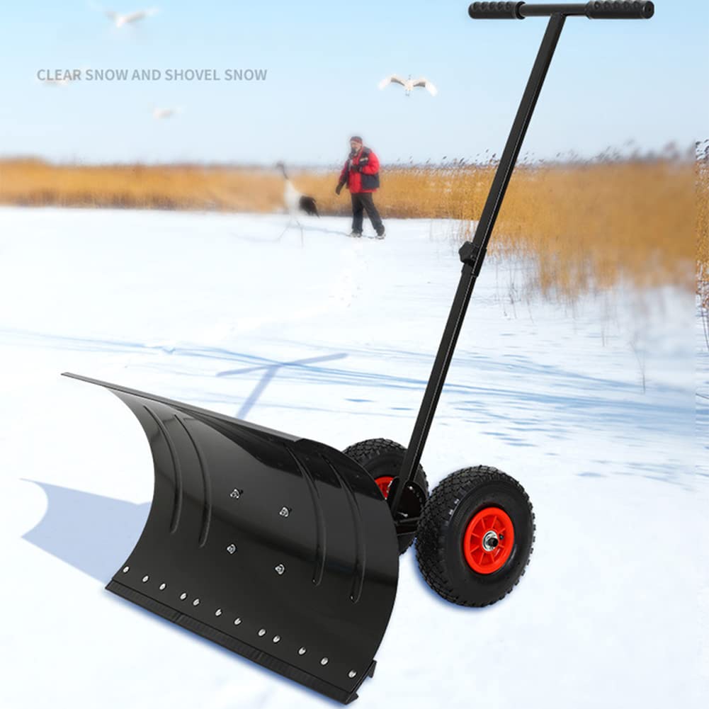 Pala de Nieve con Ruedas, empujador de Nieve de Metal Resistente, Herramienta de remoción de Nieve con Mango de ángulo Ajustable Acolchado, Hoja de 29", Ruedas de 10", Negro