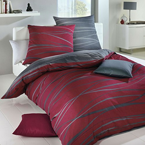Kaeppel 2-teiliges Mako Satin Wende - Bettwäsche Set mit Reißverschluss in 155x220 + 80x80 cm Design Motion 584 in der Farbe 642 Rubin - rot - anthrazit