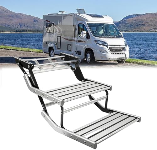 Aluminum Alloy Truck Camper Steps with 12V LED Lights, Folding Non-Slip RV Stairs, Easy Install, Portable, Lightweight, Durable, Single Layer Design