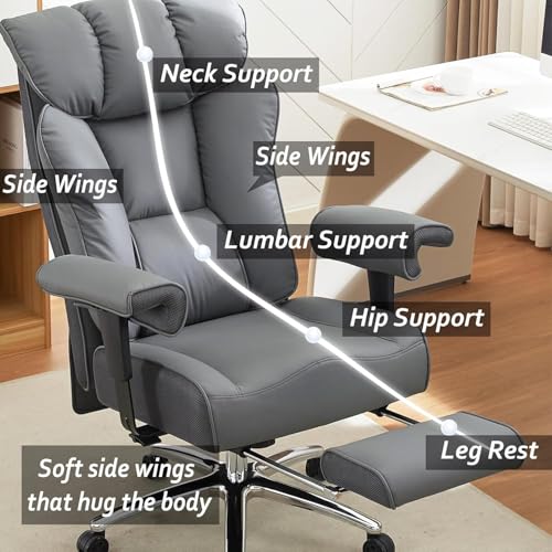 Image of Efomao Ergonomic Office Chair 450LBS with Foot Rest, High Back PU Leather Executive Office Chair with Adjustable Armrests, Lumbar Support for Home or Work, Computer Chair, Grey