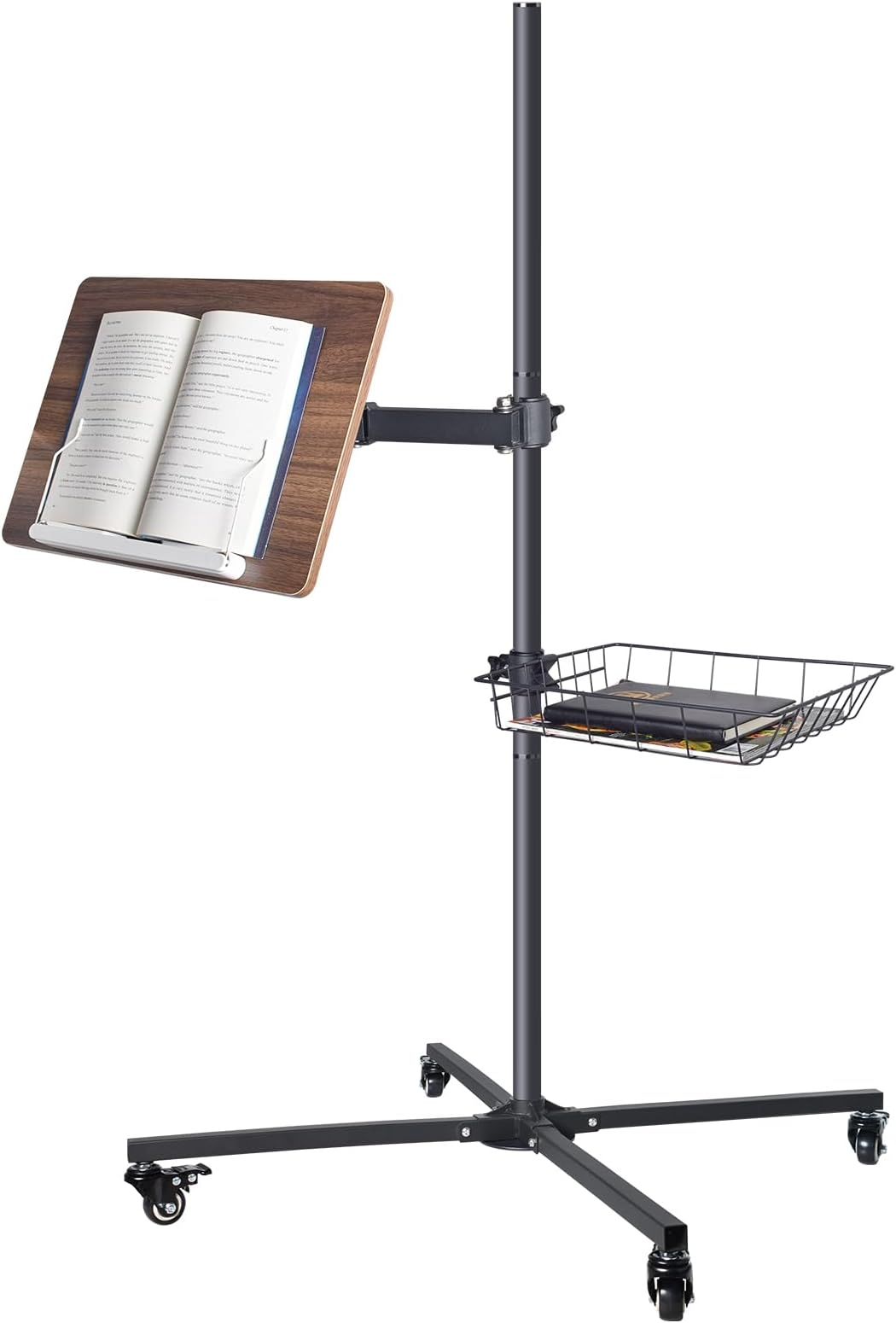Mobile Book Stand with Storage Basket, Height Adjustable Reading Stand with Wheels, Wood and Metal