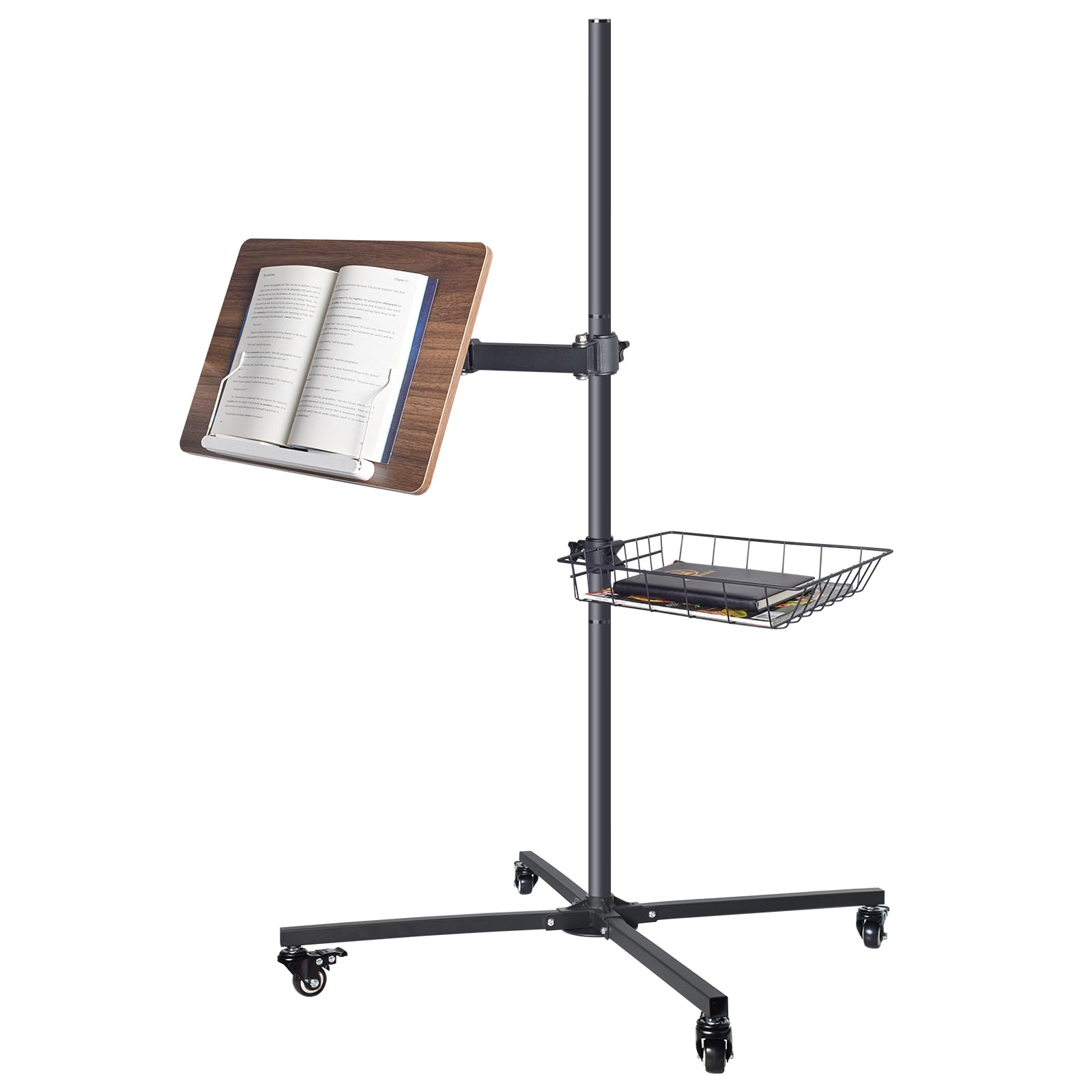 Mobile Book Stand with Storage Basket, Height Adjustable Reading Stand with Wheels, Wood and Metal