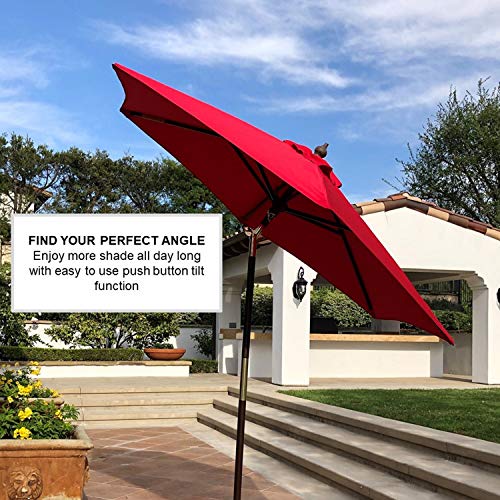 Formosa Covers 7 Ft Wood Outdoor Patio Umbrella Market Style - Tilt Mechanism Eucalyptus Teak Oil Finish - Enhance Your Outdoor Space - Perfect For Small Patio, Deck, Bistro, And Poolside - Red #TOP6