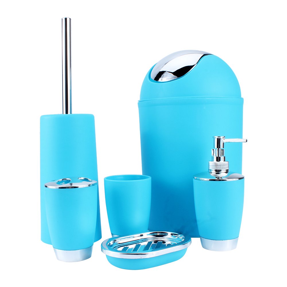 Ensemble d'accessoires de salle de bains bleu 6 pièces avec bouteille de lotion, porte-brosse à dents, verre à brosse à dents, porte-savon, brosse de toilette, poubelle