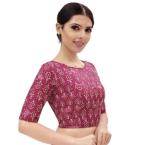 Image of Studio Shringaar Indigo Blue Print Cotton Saree Blouse with V Neck for Women