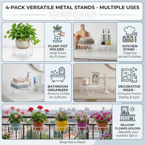 Image of Metal Plant Stand for Indoor and Outdoor, Round Iron Pot Holder, Rust Resistant Planter Riser, White, Pack of 4