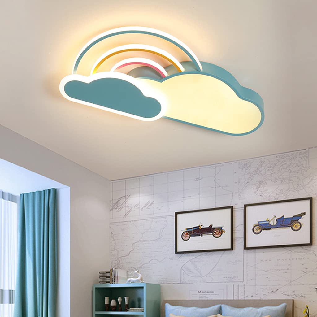 Luz de techo led lámpara para habitación niños dibujos animados modernos nubes blancas arco iris niños niñas luz techo pantalla acrílico control remoto dormitorio bebé lámpara sala estar,Azul,50cm