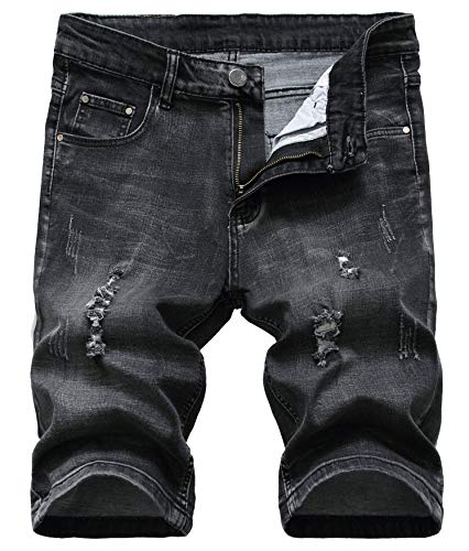Sarriben Men's Casual Summer Distressed Button up Stretch Ripped Jeans Shorts with Repair Rips, 1007 Black, 34
