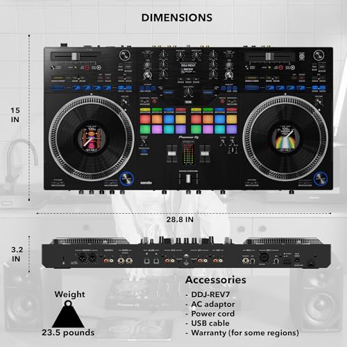 Image of Pioneer DDJ-REV7 Scratch-Style 2-Channel Professional DJ Controller - Black Bundle with Laptop Stand, Headphones, and Austin Bazaar Polishing Cloth