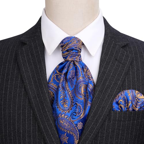 Image of HISDERN Ascot Ties for Men Paisley Floral Ascot and Pocket Square Set Classic Self Tie Mens Cravat Handkerchief for Wedding