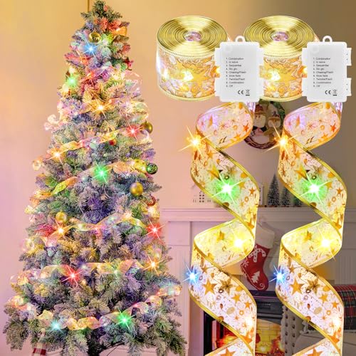 2 Pack Christmas Tree Ribbon String Lights - 33ft 100 LED Battery Powered Fairy Lights with Timer and 8 Lighting Modes, Ribbon Bows Lights for 6ft - 8ft Christmas Tree Decor, Gold Ribbon, Multi-color