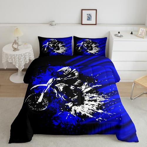 Image of Feelyou Kids Blue Black Ombre Comforter Set Twin Size, Dirt Bike Bedding Set Motocross Duvet Insert Boys Girls Teens Bedroom Decor Bed Set 2Pcs