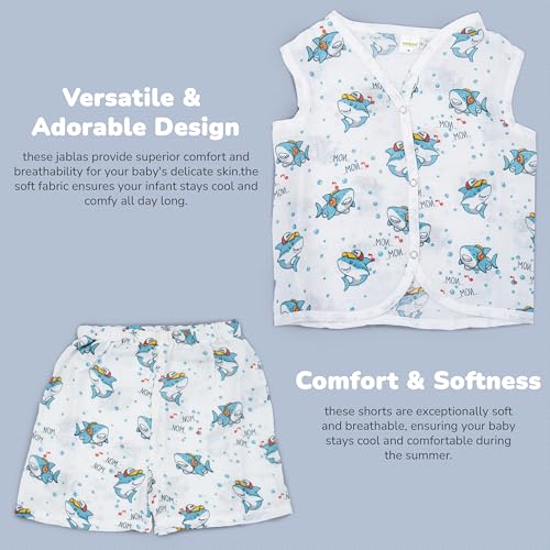 Image of BAYBEE 100% Muslin Cotton New Born Baby Clothes for Kids | Sleeveless Summer Wear with Soft & Breathable | Shirt and Shorts Set | Jablas for Baby Girl Boy Dress