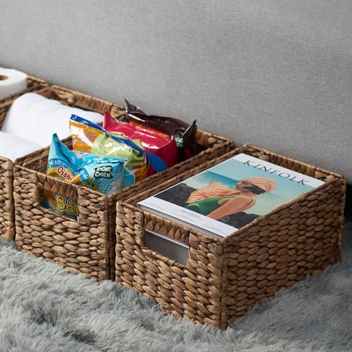 Image of BLUEWEST Woven Baskets for Storage (Pack 6) Wicker Water Hyacinth Storage Basket with Sturdy Built-in Handle, Multifunction Collapsible Handwoven Basket for Living Room, Bathroom, Wardrobe, Shelves
