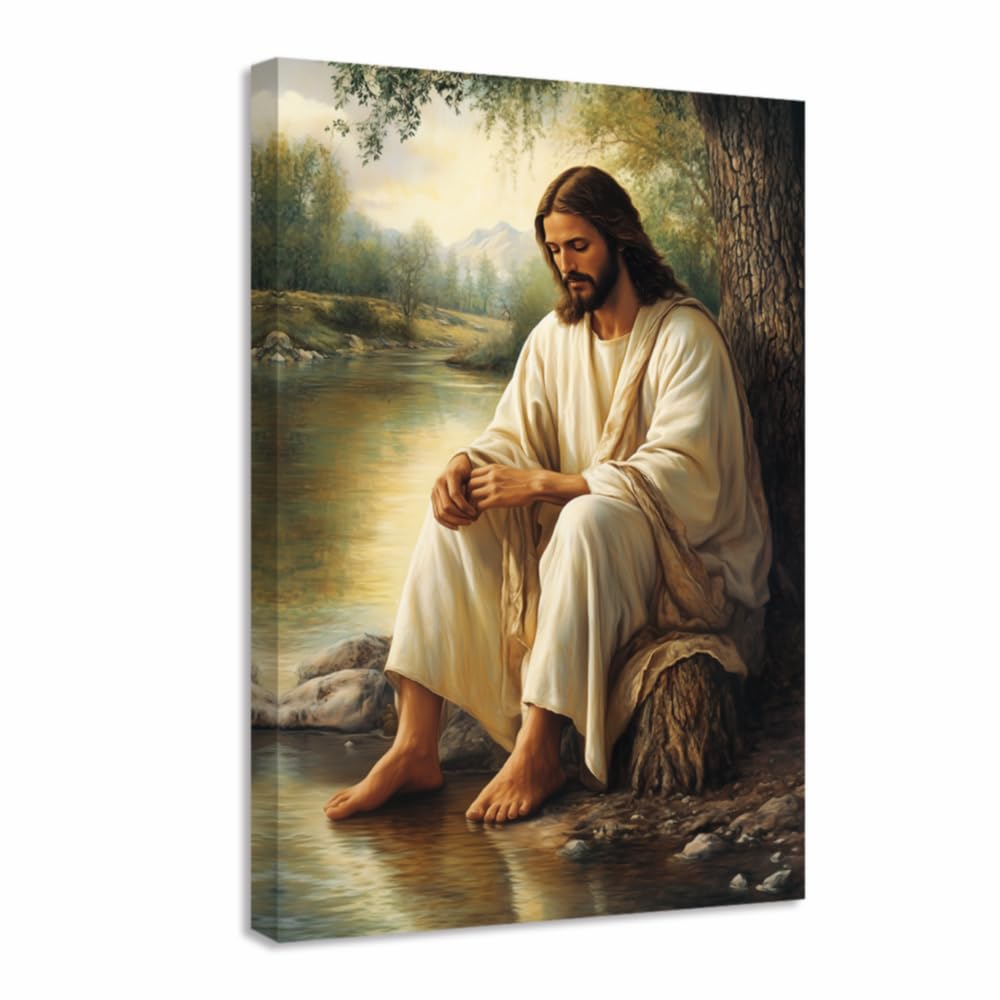 LMYSXAOZ Christian Wall Art Religious Canvas Painting Jesus Sitting by the River Pictures God Poster Bedroom Decor Framed(Gold,16L x 20W)
