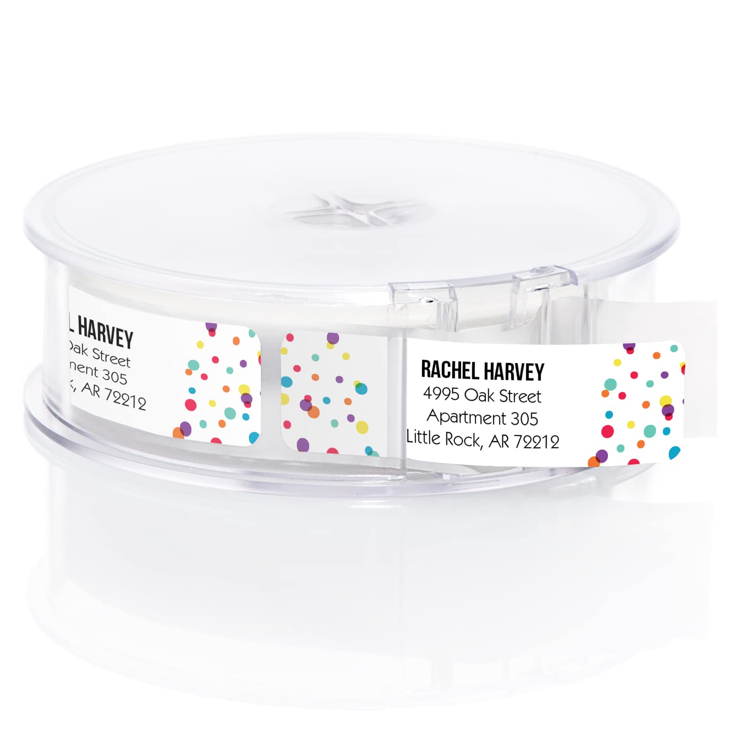 Bright Party Confetti Rolled Address Labels/Roll of 500 Personalized Celebration Address Labels/Designer Return Address Stickers in Elegant Plastic