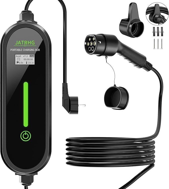 Generic EV-IEC-AC16-PV Type 2 Electric Car Charger showing the control box, coiled cable, and Type 2 connector.