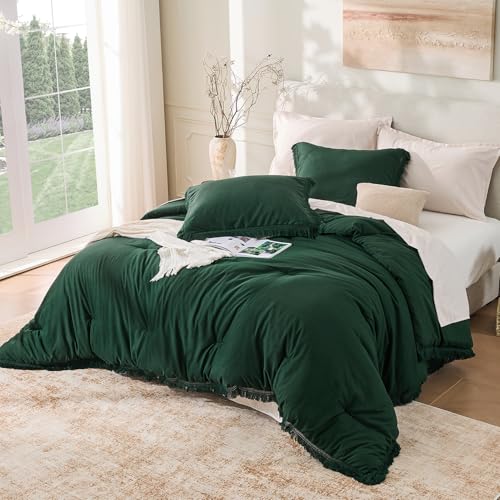 Image of Andency Comforter Set Oversized King Dark Green 120x120, 3 Pieces Boho Fall Tassel Lightweight Bedding Comforter Sets, All Season Soft Bed Set (1 Comforter & 2 Pillowcases)