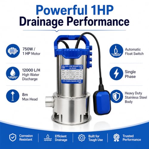 Image of CRI Single Phase MS- Series, 1Hp /750W Submersible Sewage Pump with Float Switch (12000 L /H, Head 8m) I Water Drainage Pump | Water Pump 1hp | 15 Months Warranty