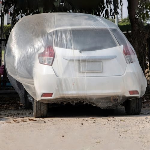 Image of Plastic Car Cover, 12.5 x 21.7 FT, Clear Disposable Medium Bag Capsule, Foldable Bubble Pack with Elastic Band for Rain Dust Flood Protection Covering Garage Outdoor for Sedan Universal Automobiles