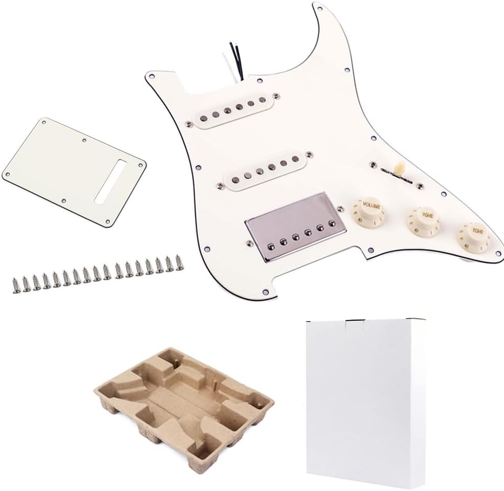 Prewired Loaded Pickguard with SSH Pickup Set, 3-ply Humbucker Pick Guard Loaded High Output Alnico V Single Coil for Stratocaster Electric Pick-ups Luthier Replacement Parts (WHITE)