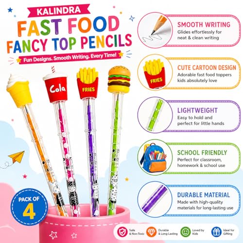 Image of KALINDRA Fancy Top Pencils for Kids Pack of 4 | Burger, Fries, Cola & Ice Cream Design Pencils | Cute School Stationery | Birthday Return Gifts, Party Favor Gift Set for Boys & Girls