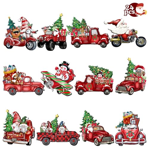 24 decoraciones de madera para árbol de Navidad, adornos colgantes de Navidad vintage con cuerda, 12 estilos de decoración de árbol de Navidad rojo para el hogar, regalos, suministros de fiesta