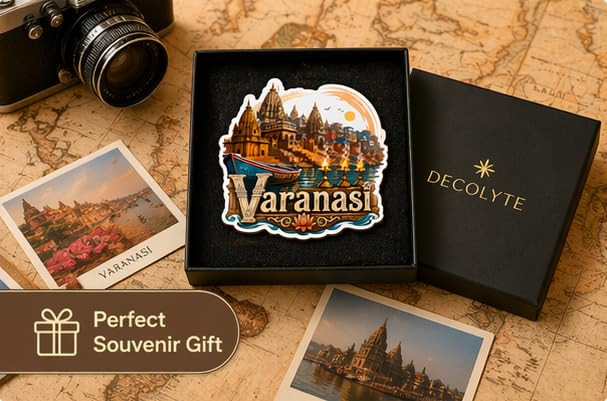 Image of Varanasi Temple Theme Wooden Fridge Magnet Souvenir | 3x3 in Kitchen Home Decor Gift