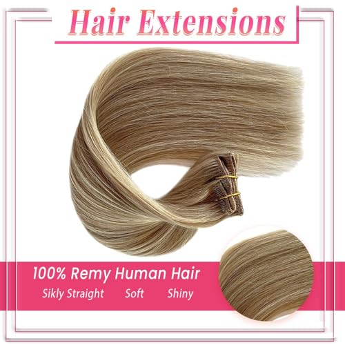 Image of Clip in Hair Extensions Human Hair Light Blonde Mix Golden Blonde Highlights Real Human Hair Extension 12Inch 7pcs 70g Straight Silky Blonde Clip ins for Women