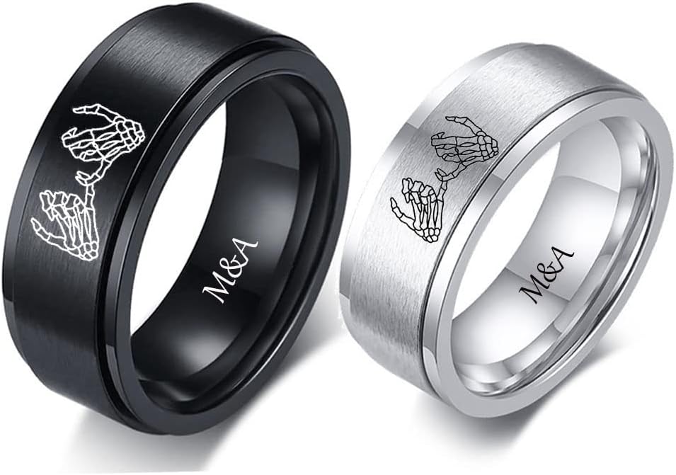 Personalized Matching Spinner Rings for Couples Promise Rings for Him and Her Set Stainless Steel Matching Wedding Rings for Couples Set Black Custom Engraved Rings for Couples Tungsten Valentine's Day Jewelry Gift