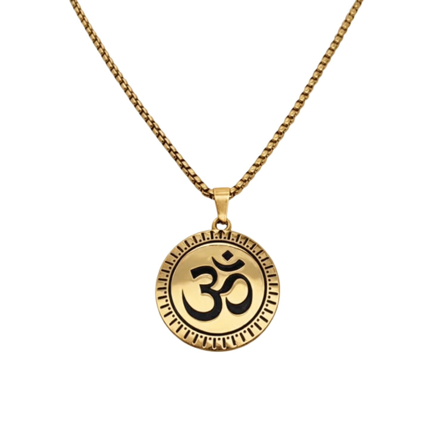 Gold Plated Om Pendant Necklace for Men and Women | Stainless Steel Black Enamel Spiritual Coin Locket with Box Chain | Religious Hindu Protection Fashion Jewellery for Boys & Girls-image-48