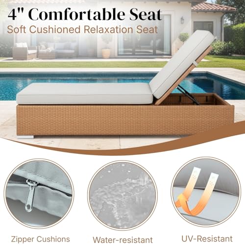 Image of DEVOKO Outdoor Rattan Wicker Sun Lounger Recliner for All Weather Comfort with Durable Metal Frame Ideal for Garden, Deck, Lawn, Poolside (Beige & Grey)