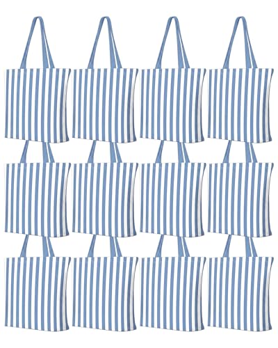 Paterr 12 Pack Blue White Striped Tote Bag Bulk Reusable Summer Carryall with Zipper Pocket Large Canvas Style Shopper for Wedding Welcome Gifts Beach Party Bridesmaid Goodie Bag