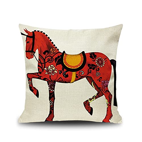 Lieson Fundas de cojín de Navidad, 1 funda de almohada de 20 x 20 pulgadas, 50 x 50 cm, flores de caballo, fundas de cojín de sofá, color rojo beige, lino