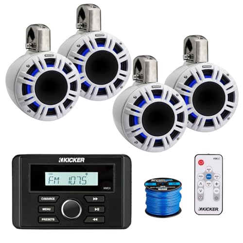 Kicker 46KMC3 Marine Gauge Style USB Bluetooth AM/FM Stereo Square Media Center Receiver, 4X 8 500 Watt Multicolor LED Horn-Loaded (HLCD) Tower Speakers (White) with LED Remote, 50 Feet Wire