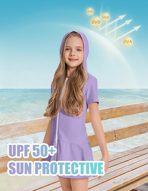 Image of Girls Sun Protective Swim Cover Up Hooded with Full-Length Zipper Short Sleeve UPF 50+ Beach Dress Coverup