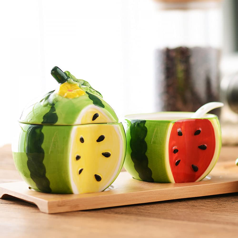 Sucrier en céramique en forme de fruit, salière, pot de stockage de poivre, récipient de pot d'assaisonnement avec couvercle et cuillère