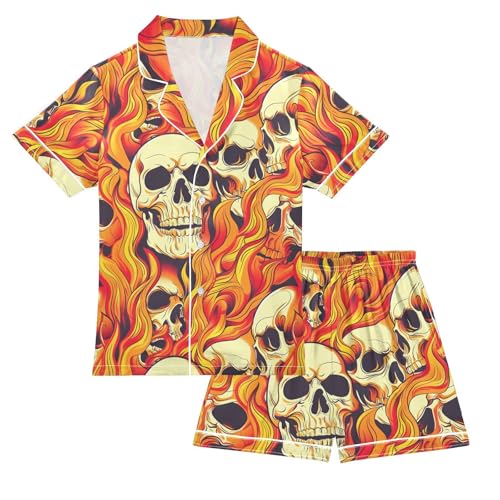 ALAZA Sugar Skull Abstract Yellow Satin Pajamas Set Short Sleeve Button Down Sleepwear Summer Pjs 2 Piece